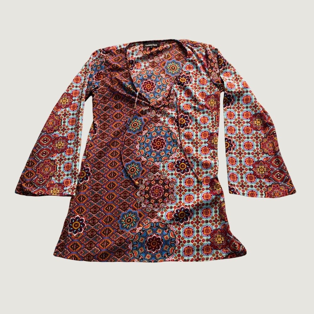 Tunic Top Size S Boho Bell Sleeve Paisley Geometric Multi-Color